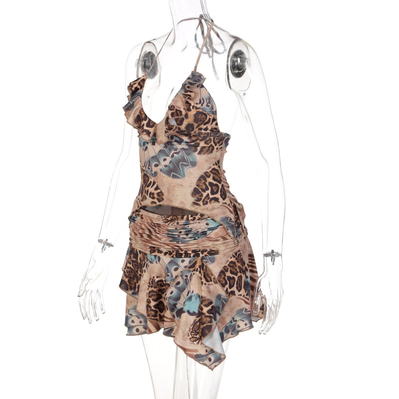 Ruffles Print Halter Sleeveless Crop Top Draped Skirts 2 Pcs Set - MERGE.DAY.1.FREESTYLE