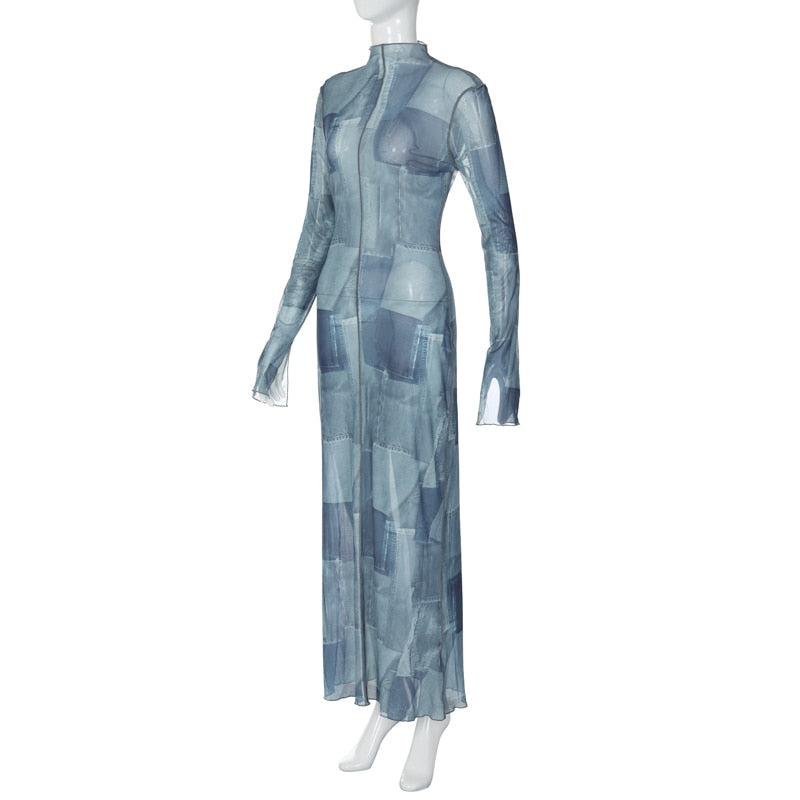 Mesh O Neck Long Flare Sleeve Print Slit Vintage Sexy Bodycon Maxi Dress - MERGE.DAY.1.FREESTYLE
