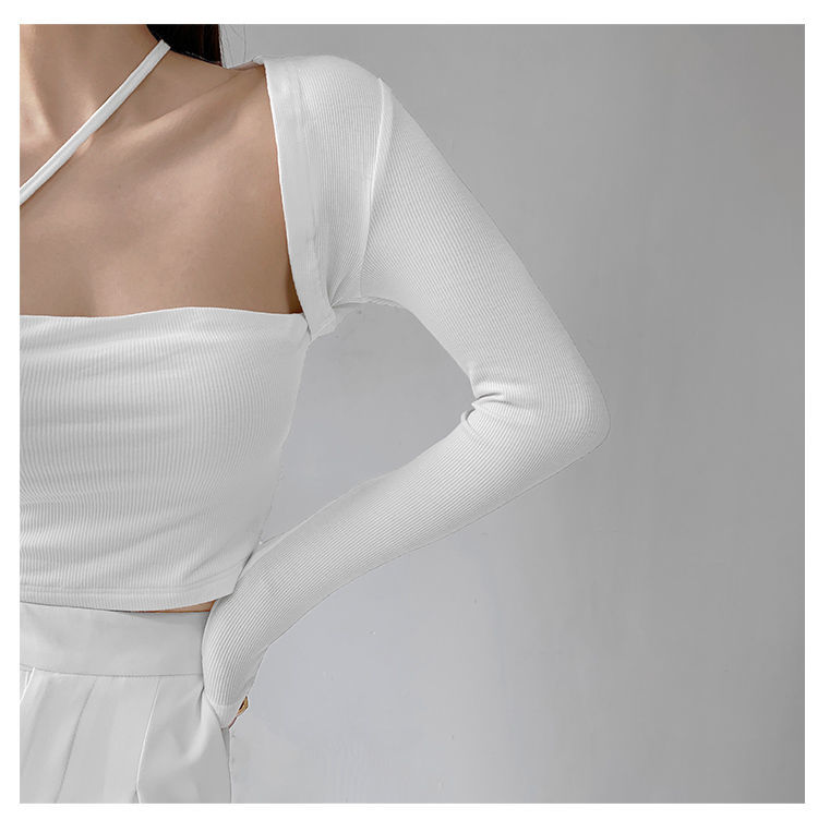 Cropped Tops Women Square Collar Slanted Shoulder Straps Halter Neck Long Sleeve T-shirt - MERGE.DAY.1.FREESTYLE