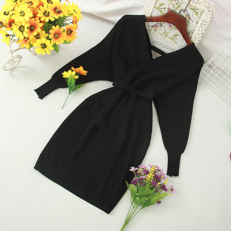 Autumn Women Sexy Elegant Knitted Dress Backless V Neck Sash Tie Up High Waist Dresses - MERGE.DAY.1.FREESTYLE