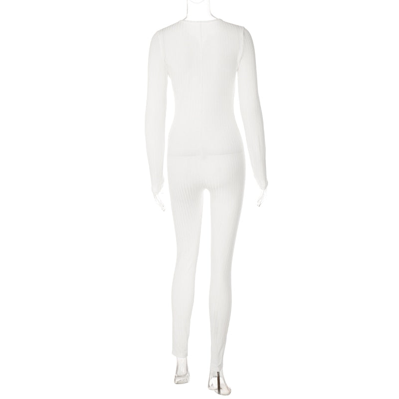 V-Neck Long Sleeves Buttons Bodycon Skinny Jumpsuit Rompers - MERGE.DAY.1.FREESTYLE