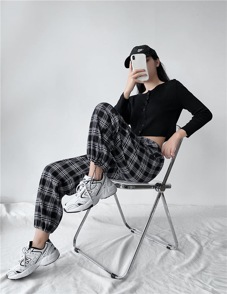Plaid Pants Women High Waist Drawstring Loose Straight Baggy Pants 2022 Spring and Summer - MERGE.DAY.1.FREESTYLE