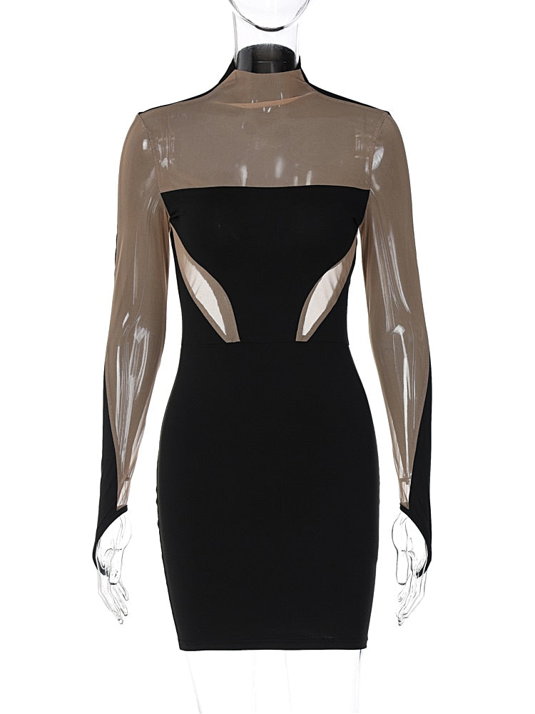 Long Sleeve Patchwork Mesh See Through Sexy Bodycon Mini Dress Evening Clothes - MERGE.DAY.1.FREESTYLE