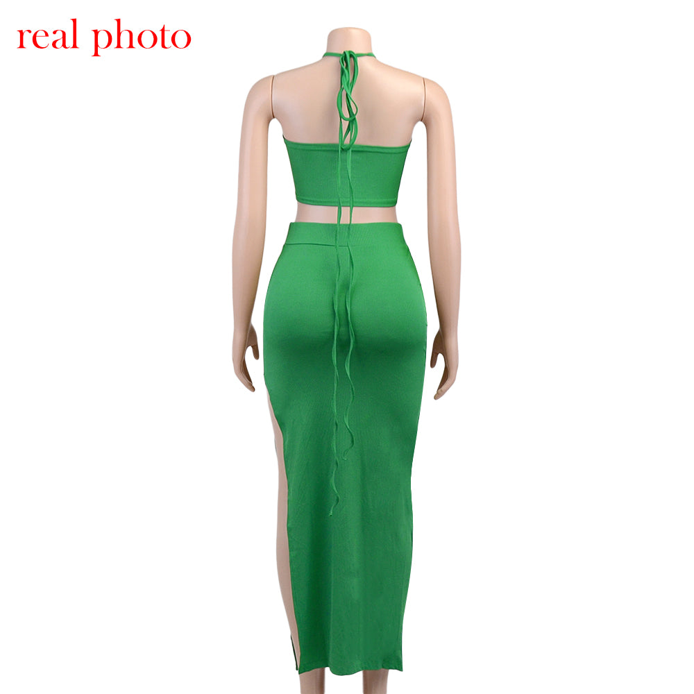Cryptographic Bandage Cut Out Sexy Halter Neck Top and Skirts Set Gathered Elegant - MERGE.DAY.1.FREESTYLE
