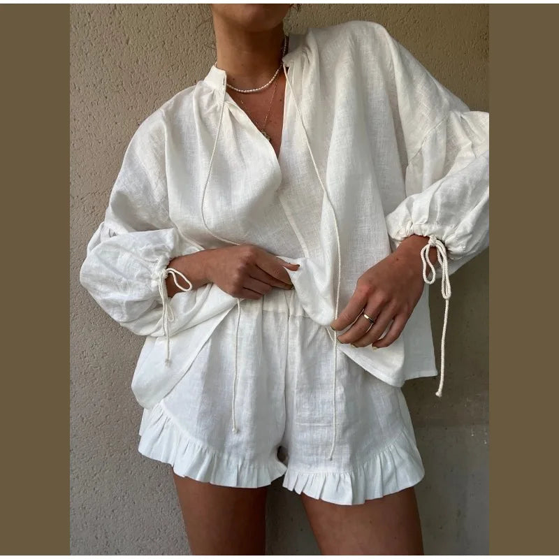 Women's Solid Cotton Linen Ruffle Shorts Suit V-neck Long Sleeve Drawstring Loose 2 Pieces Set - MERGE.DAY.1.FREESTYLE