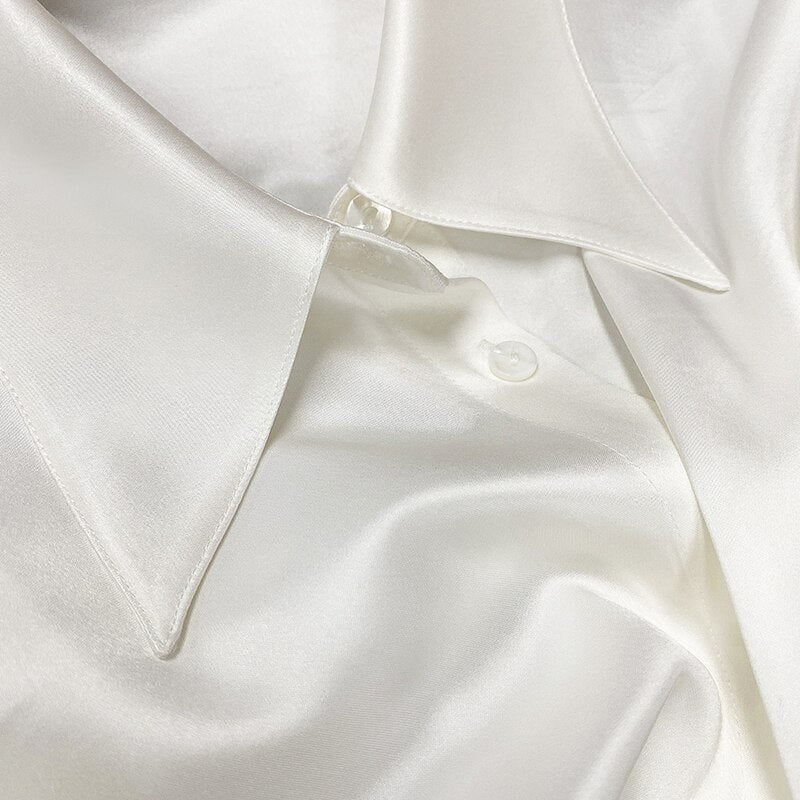 Turn-down Collar Solid Blouses Women Full Sleeve Loose Single-breasted Satin Shirts - MERGE.DAY.1.FREESTYLE