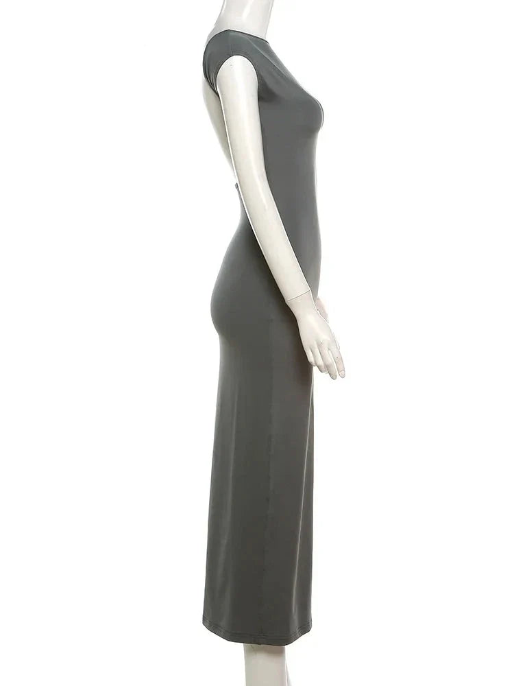 Elegant Short Sleeve Bodycon Maxi Dress O-neck Backless Lady Dresses - MERGE.DAY.1.FREESTYLE