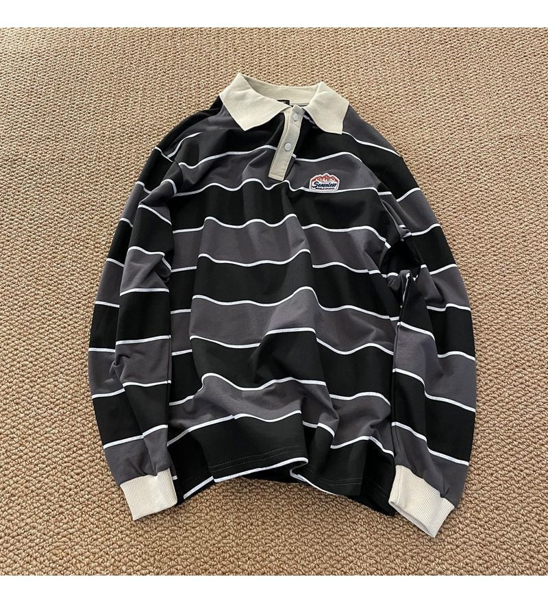 Striped POLO Shirt Men Women Casual Loose Couple BF Lapel Sweatshirts - MERGE.DAY.1.FREESTYLE