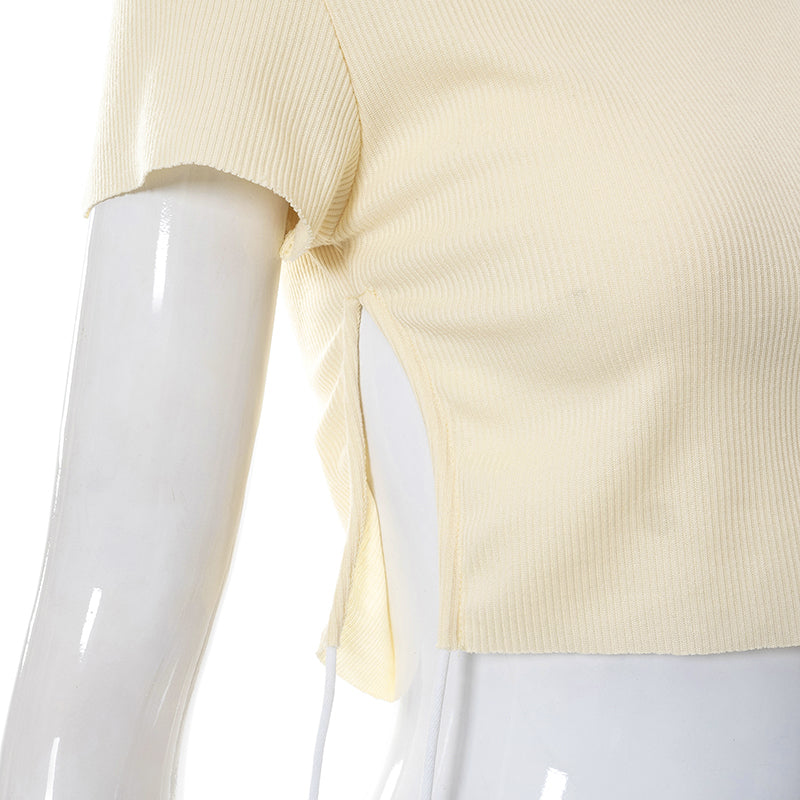 Sexy O Neck Split Ribbons Cropped T-Shirts Women Ribbed Knit Short Sleeve Slim Tshirts 2022 Summer - MERGE.DAY.1.FREESTYLE