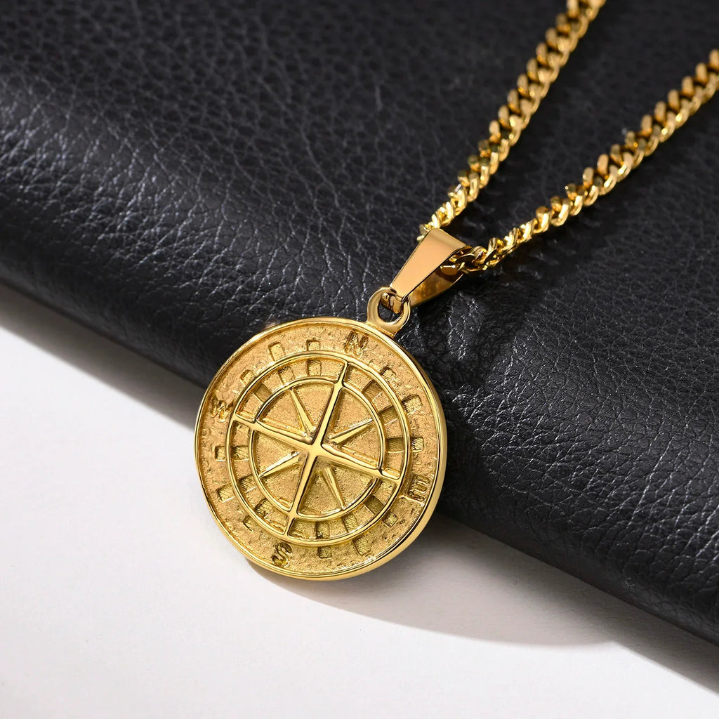 Gold Compass Necklaces,Vintage Viking North Star Anchor Medal - MERGE.DAY.1.FREESTYLE