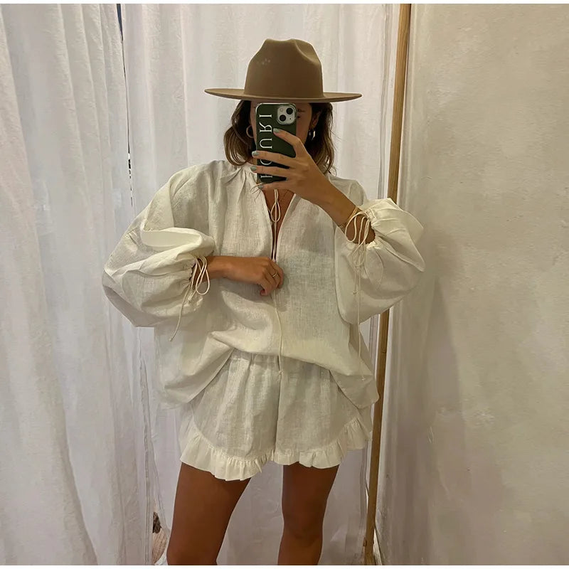 Women's Solid Cotton Linen Ruffle Shorts Suit V-neck Long Sleeve Drawstring Loose 2 Pieces Set - MERGE.DAY.1.FREESTYLE