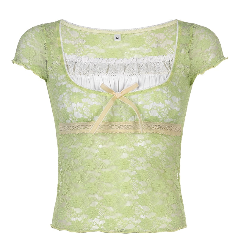 Trim Crop Top Bow Cute Sweet T Shirt Women Retro Short Sleeve Lace Patched Tshirt - MERGE.DAY.1.FREESTYLE