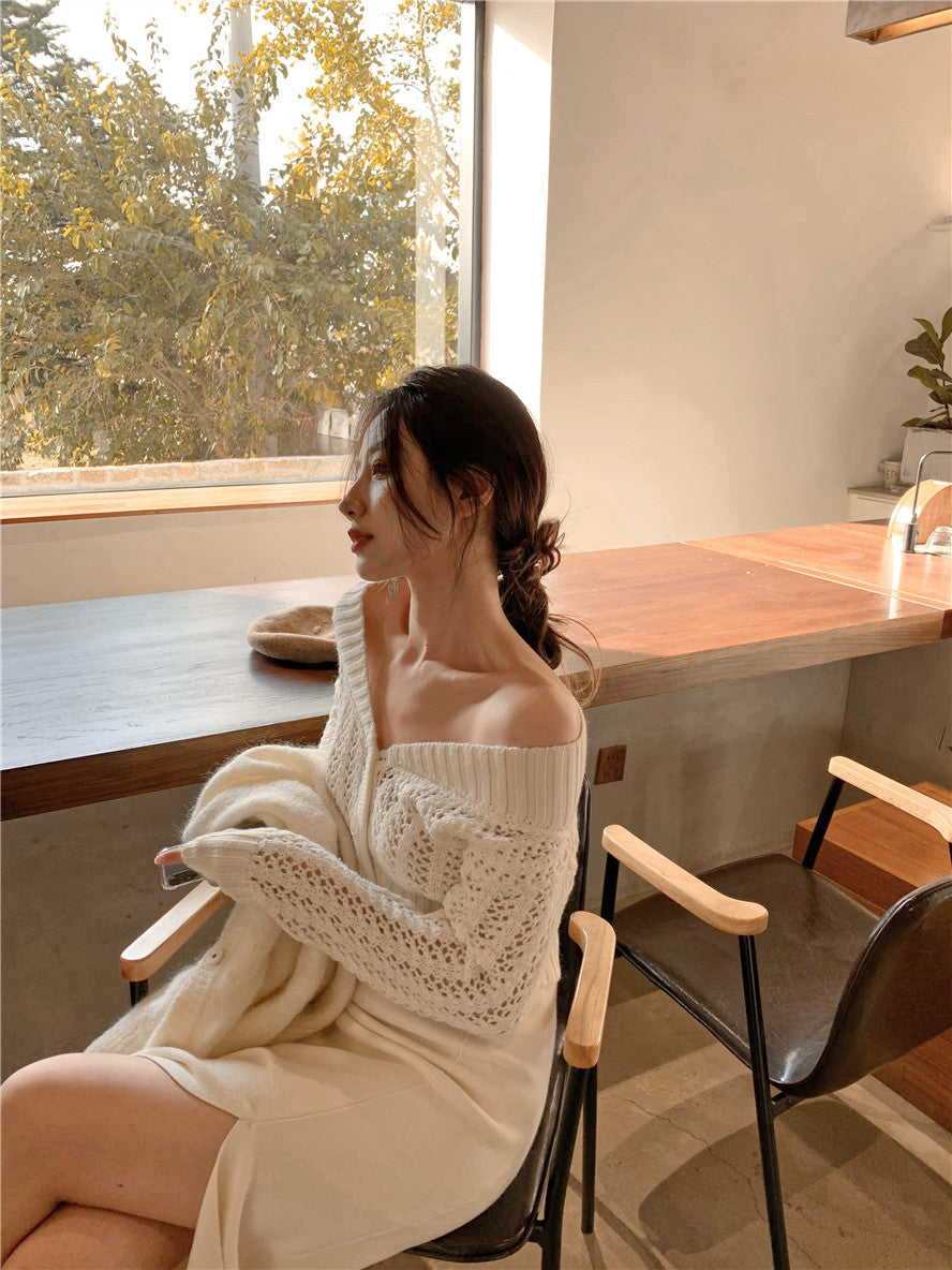 Women Hollow Sweater Cardigan Outerwear V Neck Button Knitted Tops Jackets - MERGE.DAY.1.FREESTYLE
