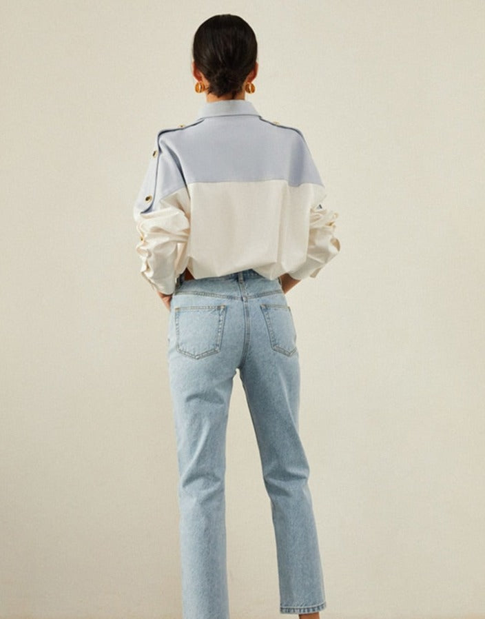 Patchwork Lapel Women Shirts Long Sleeve Single-breasted Loose Female Blouses - MERGE.DAY.1.FREESTYLE