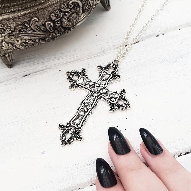 Large Detailed Cross Drill Pendant Necklace Silver Color Tone Gothic Punk Jewellery - MERGE.DAY.1.FREESTYLE