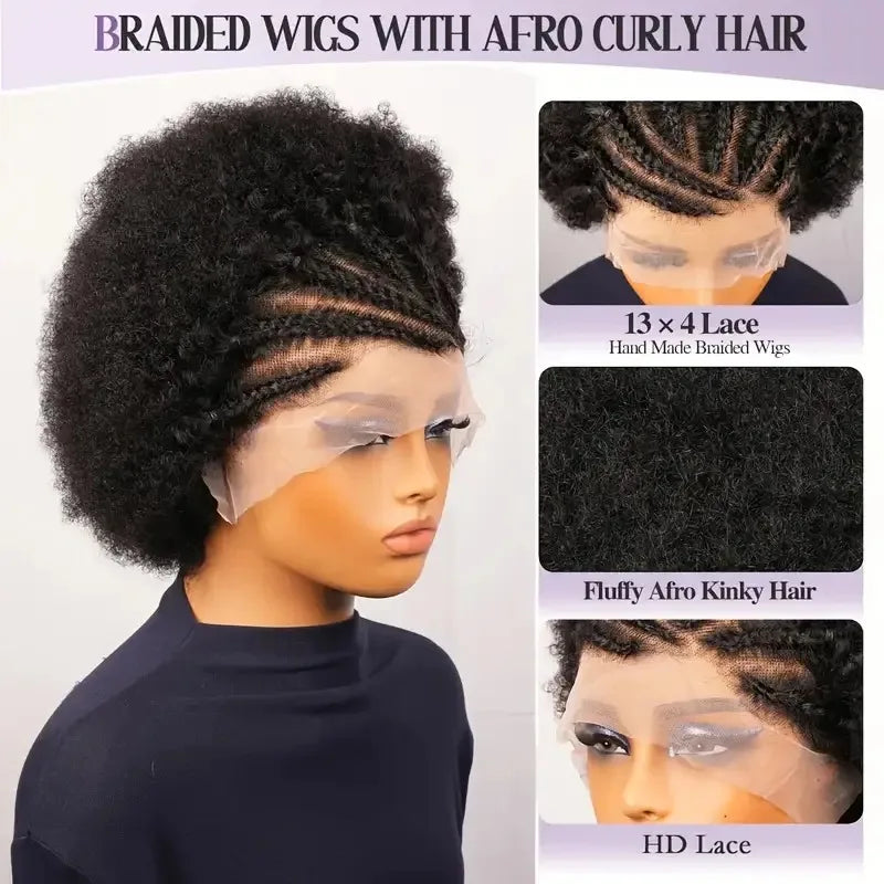 13x4 Short Afro Kinky Curly Bob Lace Front Braided Wigs for Black Women Curly Afro Puff Lace Frontal Wig Human Hair Brazilian - MERGE.DAY.1.FREESTYLE