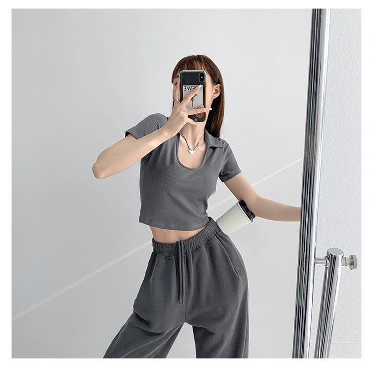 Y2K Tops Women U-shaped Lapel Short Sleeve Tees Summer High Waist Thread Crop Top - MERGE.DAY.1.FREESTYLE