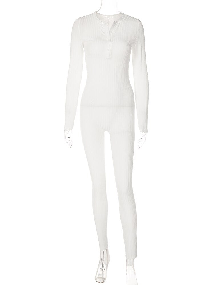 V-Neck Long Sleeves Buttons Bodycon Skinny Jumpsuit Rompers - MERGE.DAY.1.FREESTYLE