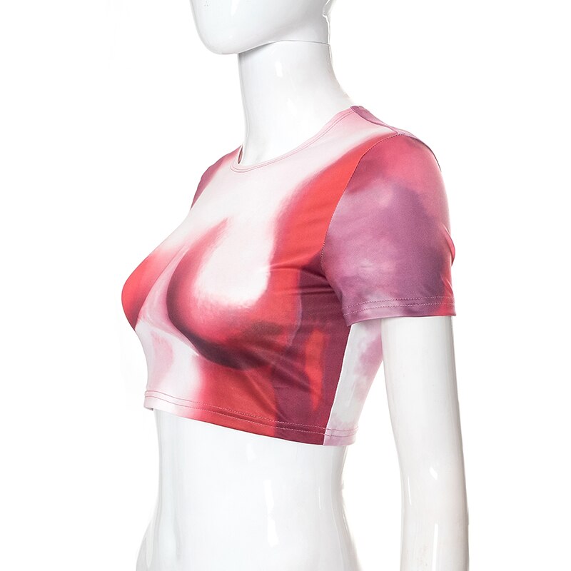Tie Dye Print O Neck Short Sleeves Crop Top T Shirt Slim - MERGE.DAY.1.FREESTYLE