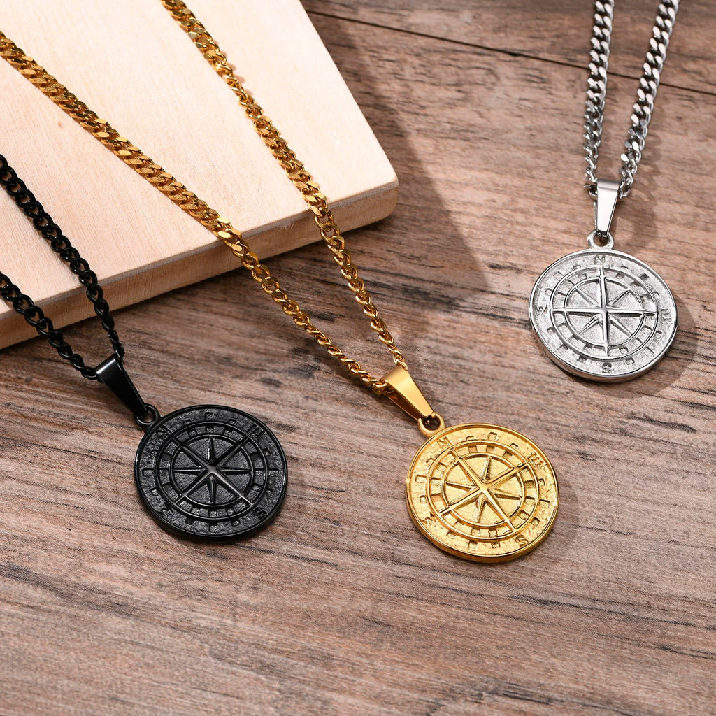 Gold Compass Necklaces,Vintage Viking North Star Anchor Medal - MERGE.DAY.1.FREESTYLE