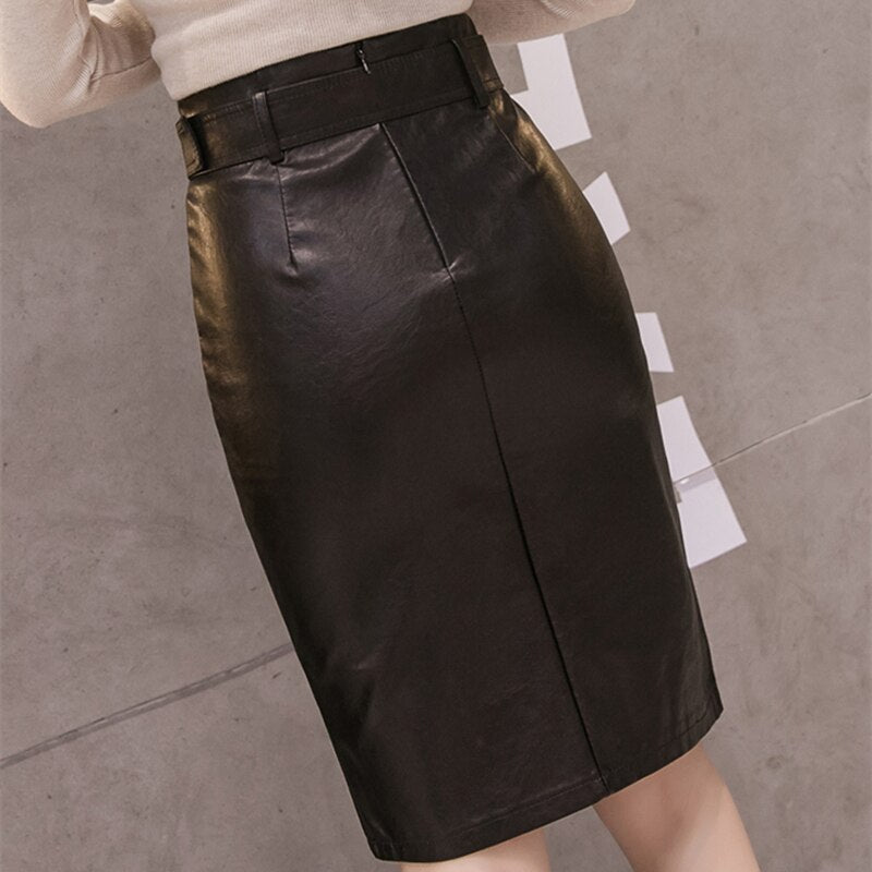 PU Leather Pencil Midi Skirts with Belt High Waist Split OL Elegant Sheath Wrap Skirts - MERGE.DAY.1.FREESTYLE