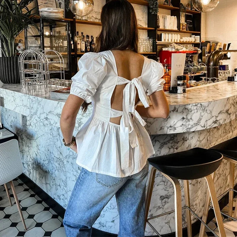 Fashion Backless Short Sleeve Shirts For Women Casual Back Lace Up Tops - MERGE.DAY.1.FREESTYLE