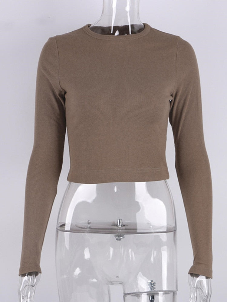 O Neck Long Sleeve Shirt Women Ribbed Sexy Cropped Tops Casual Skinny T Shirts White - MERGE.DAY.1.FREESTYLE
