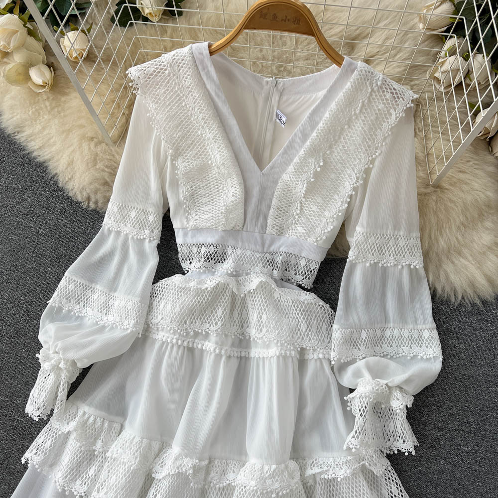 Lace Hollow Out White Dress Women Elegant V-neck Beach Holiday Style Dress - MERGE.DAY.1.FREESTYLE
