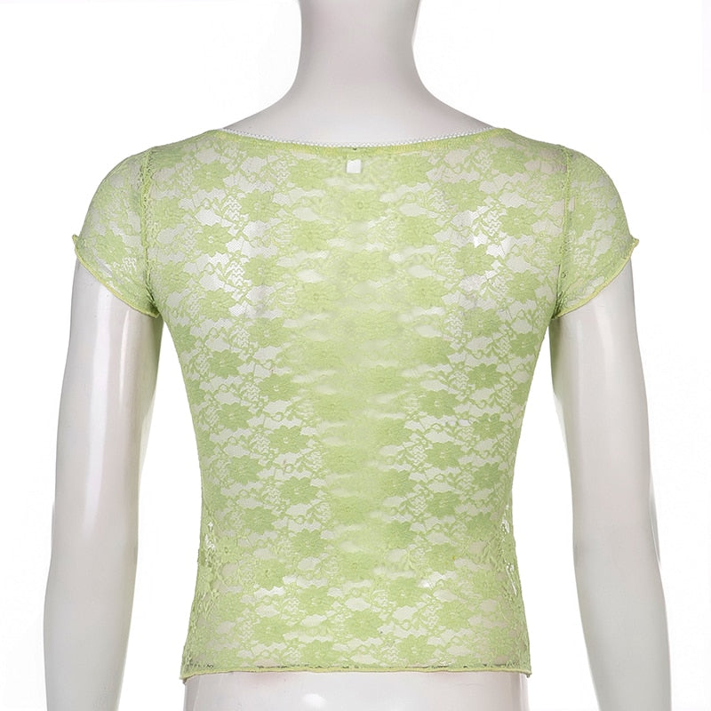 Trim Crop Top Bow Cute Sweet T Shirt Women Retro Short Sleeve Lace Patched Tshirt - MERGE.DAY.1.FREESTYLE