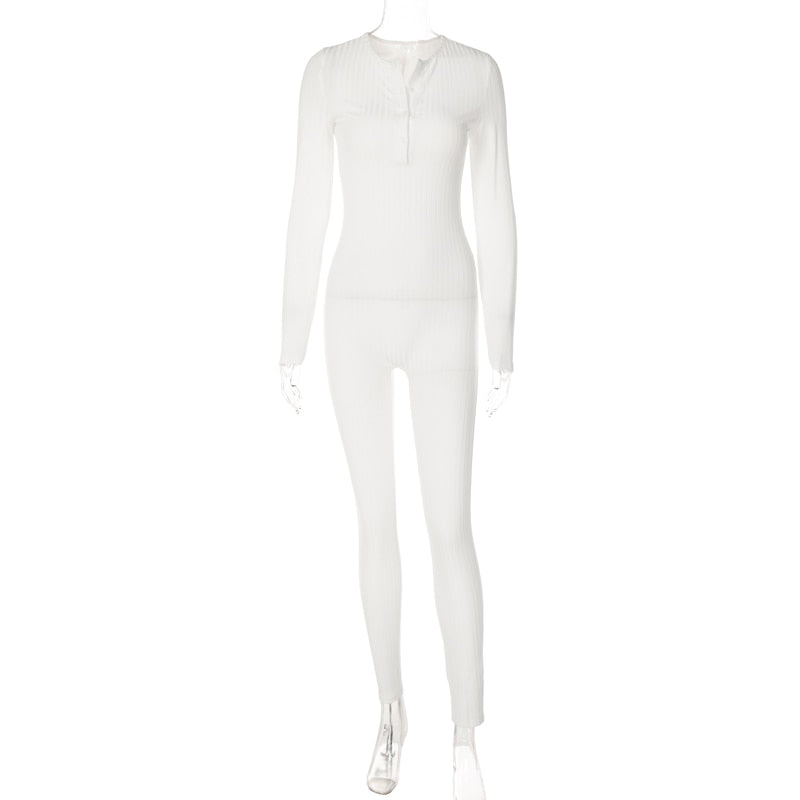 V-Neck Long Sleeves Buttons Bodycon Skinny Jumpsuit Rompers - MERGE.DAY.1.FREESTYLE