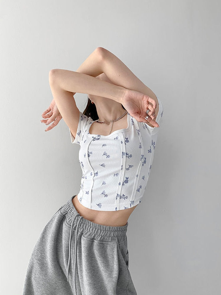 Summer Floral Cropped Top Women Slim Square Neck Short Sleeve White T-shirts Female - MERGE.DAY.1.FREESTYLE