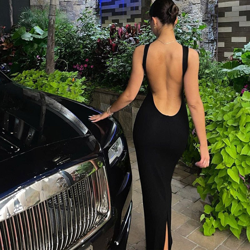 O-neck Backless Evening Dresses Women Hollow Out Sleeveless Split Bodycon Party Dress - MERGE.DAY.1.FREESTYLE