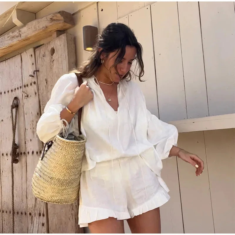 Women's Solid Cotton Linen Ruffle Shorts Suit V-neck Long Sleeve Drawstring Loose 2 Pieces Set - MERGE.DAY.1.FREESTYLE