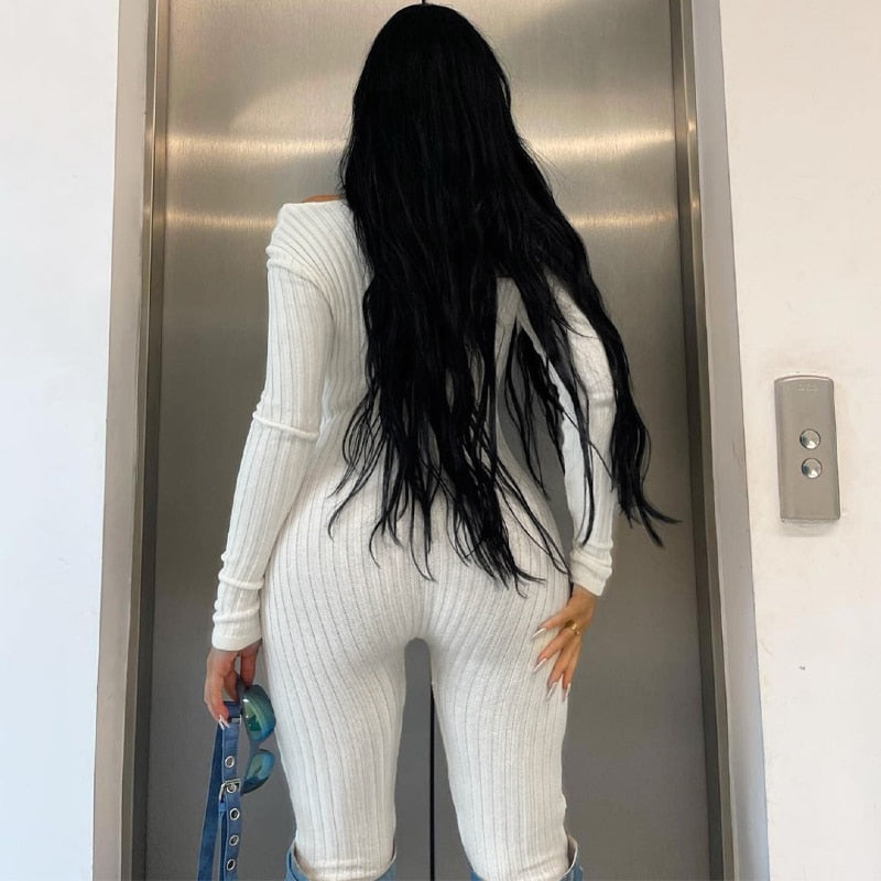 V-Neck Long Sleeves Buttons Bodycon Skinny Jumpsuit Rompers - MERGE.DAY.1.FREESTYLE