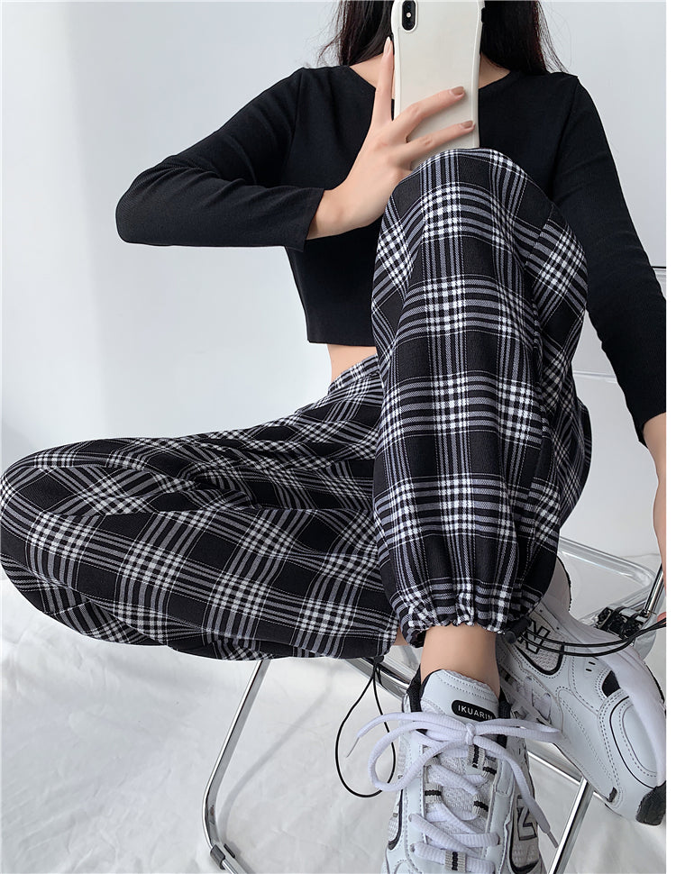 Plaid Pants Women High Waist Drawstring Loose Straight Baggy Pants 2022 Spring and Summer - MERGE.DAY.1.FREESTYLE