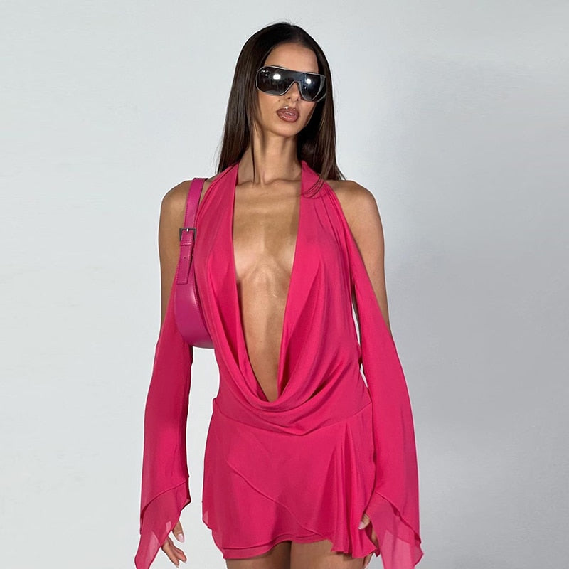 Halter Long Sleeves Irregular Draped Mini Dress - MERGE.DAY.1.FREESTYLE