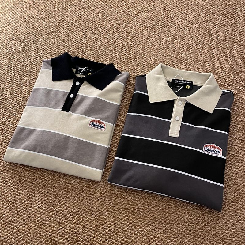 Striped POLO Shirt Men Women Casual Loose Couple BF Lapel Sweatshirts - MERGE.DAY.1.FREESTYLE