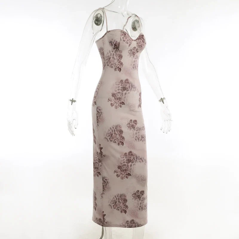 Sleeveless V-neck Backless Bodvcon Printed Spaghetti Strap Dress - MERGE.DAY.1.FREESTYLE