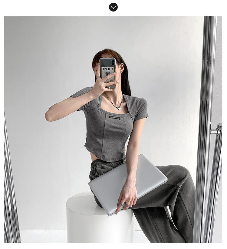 Curved Crop Tops Women Summer Square Collar Short Sleeve T-Shirt Fashion Slim Woman - MERGE.DAY.1.FREESTYLE