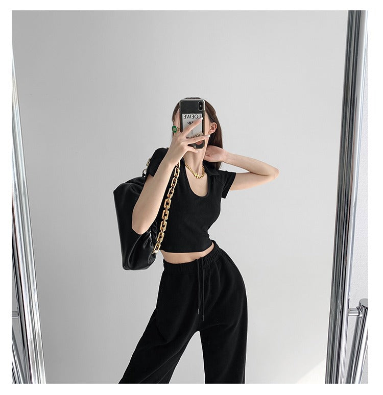Y2K Tops Women U-shaped Lapel Short Sleeve Tees Summer High Waist Thread Crop Top - MERGE.DAY.1.FREESTYLE