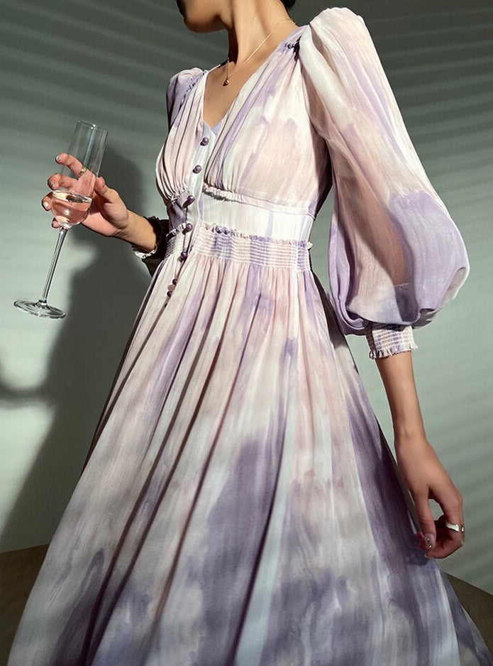 Printed Dress V-neck Long Sleeve Single-breasted Women A-line Dress vestidos - MERGE.DAY.1.FREESTYLE