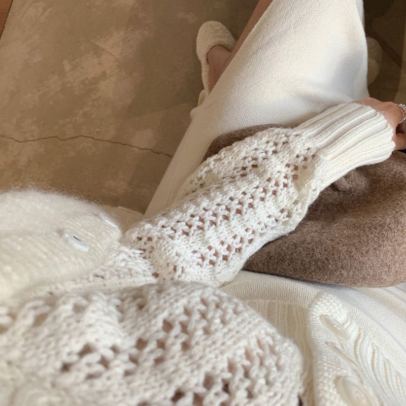Women Hollow Sweater Cardigan Outerwear V Neck Button Knitted Tops Jackets - MERGE.DAY.1.FREESTYLE