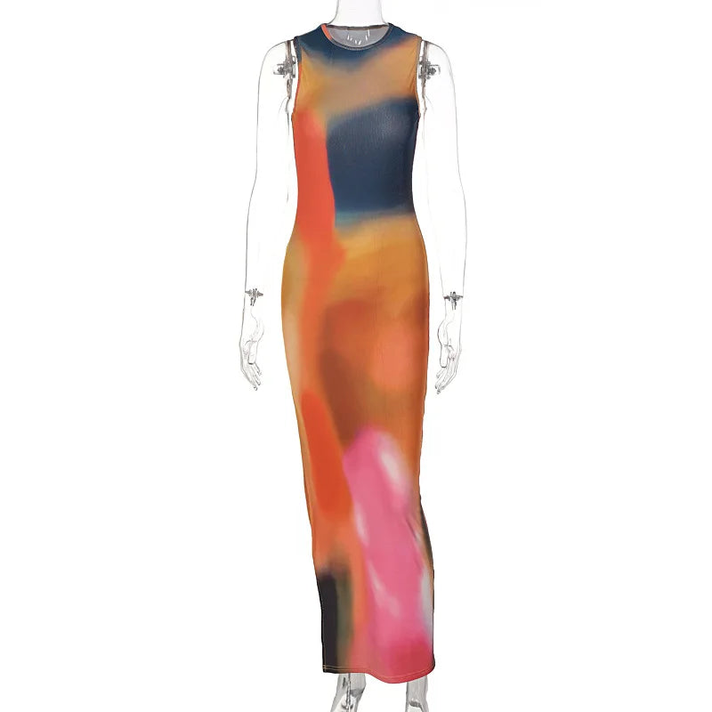 Tie Dye Print Ribbed Midi Dress Bodycon Side Slit Y2K - MERGE.DAY.1.FREESTYLE