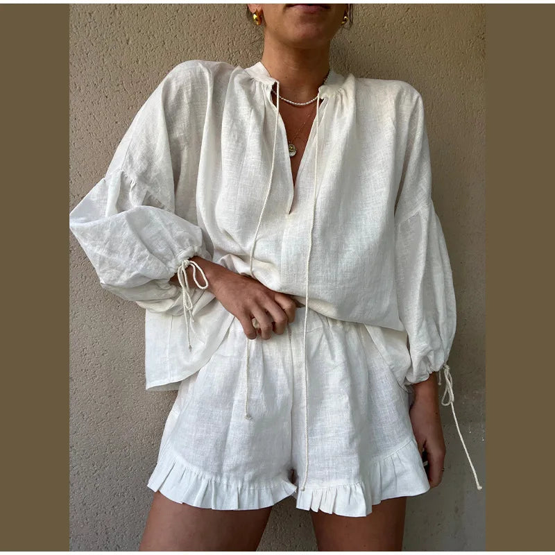 Women's Solid Cotton Linen Ruffle Shorts Suit V-neck Long Sleeve Drawstring Loose 2 Pieces Set - MERGE.DAY.1.FREESTYLE