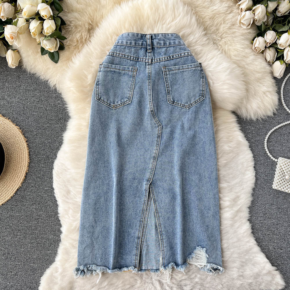 Beading Split Denim Skirts Women High Waist A-line Irregular Jeans Skirts - MERGE.DAY.1.FREESTYLE