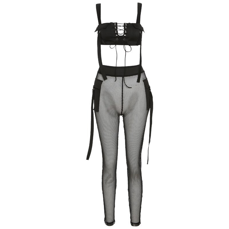 See Through Mesh Crop Top and Trousers Two Piece Set Casual Streetwear 2022 - MERGE.DAY.1.FREESTYLE