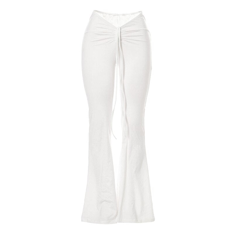 Women Slim Flare Pants Low Waist Drawstring Ruched Wide Leg White Trousers Joggers Sweatpants - MERGE.DAY.1.FREESTYLE