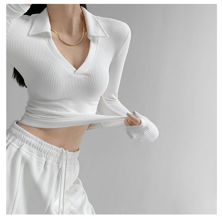 Sexy V-Neck Slim Fitness Women's T-Shirt Long Sleeve Polo Shirt Woman High Waist Cropped Tops - MERGE.DAY.1.FREESTYLE