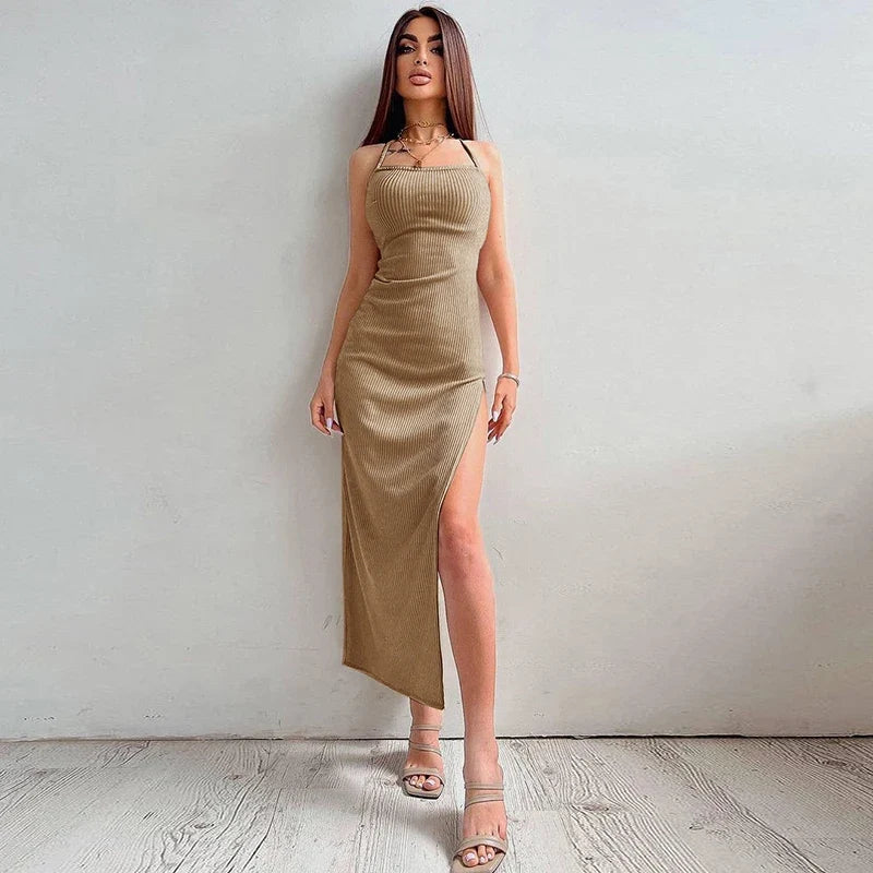 Backless Halter Neck Split Bandage Bodycon Dress - MERGE.DAY.1.FREESTYLE