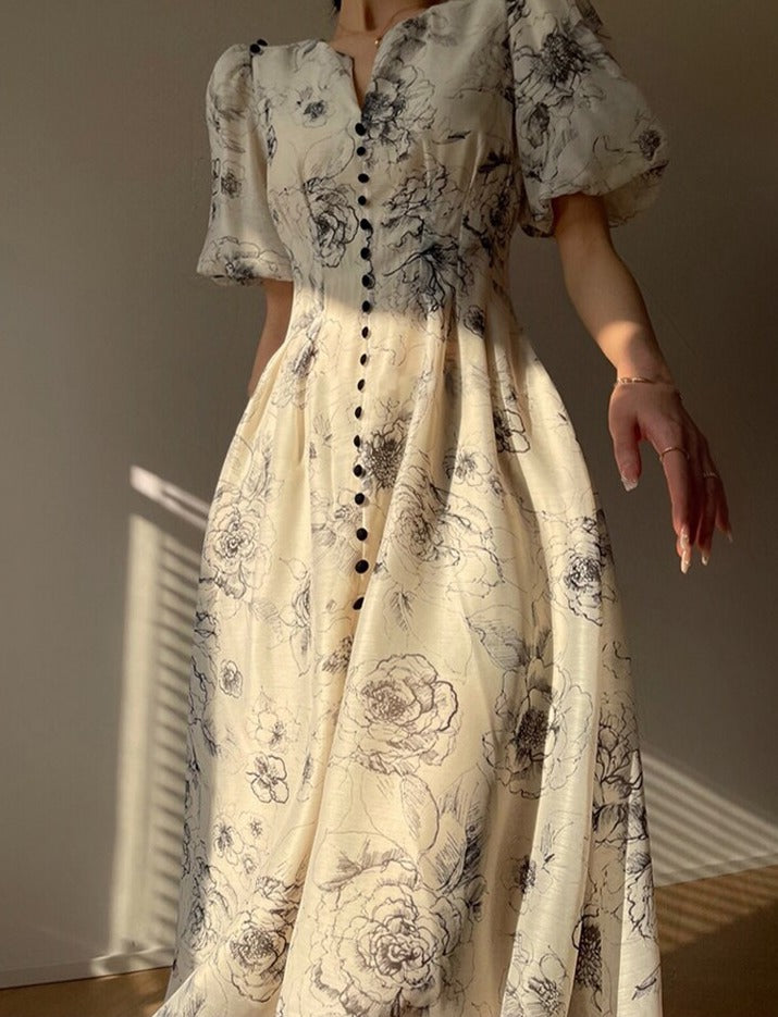 Vintage O-neck Single-breasted Summer Puff Sleeve Slim Women A-line Dress vestidos femme - MERGE.DAY.1.FREESTYLE